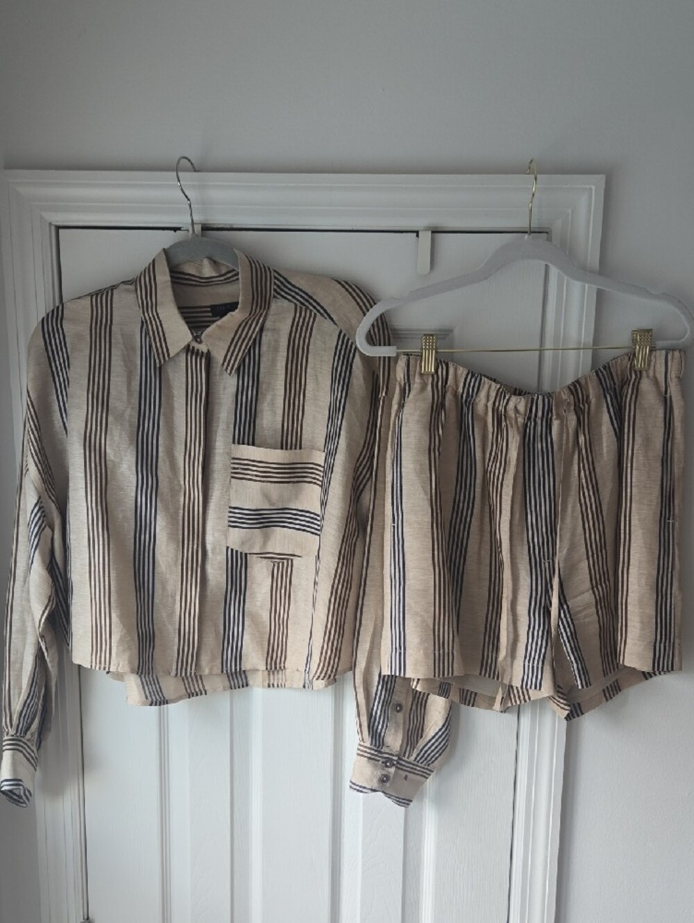 rag & bone Beige and Black Striped Button-Down Top with Matching Shorts - Picture 2 of 2
